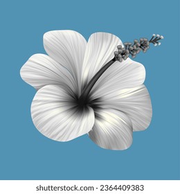 Hibiscus tropical monochrome collage. Realistic flower on blue background. Fashion floral element. Jungle exotic print. Vector illustration.