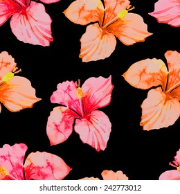 Hibiscus. Tropical plants seamless pattern. Exotic flower. Vector. Watercolor.Black background.