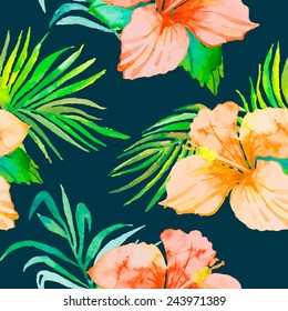 Hibiscus. Tropical plants seamless pattern. Exotic flower. Vector. Watercolor. Foliage. Palm leaves.