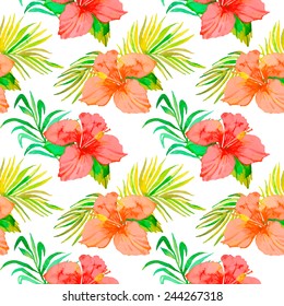 Hibiscus. Tropical plants seamless pattern and palm branches.. Exotic flower. Vector. Watercolor. Foliage.Transparent background.