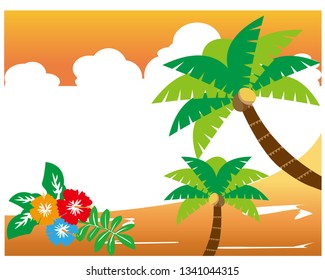 hibiscus vector illustration.Palm tree vector illustration.Sunset and palm trees on island.