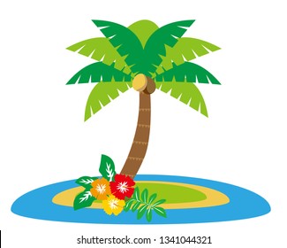 hibiscus vector illustration.Palm tree vector illustration.Sunset and palm trees on island.