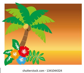 hibiscus vector illustration.Palm tree vector illustration.Sunset and palm trees on island.