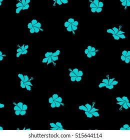 Hibiscus vector pattern on a black background. Seamless tropical flowers in blue colors.
