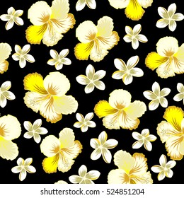 Hibiscus vector pattern on a black background. Seamless tropical flowers in beige, neutral and yellow colors.