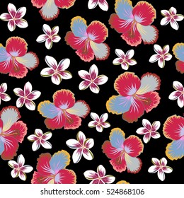 Hibiscus vector pattern on a black background. Seamless tropical flowers in pink, neutral and beige colors.