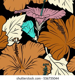 Hibiscus vector pattern on a black background. Seamless tropical flowers in orange and blue colors.