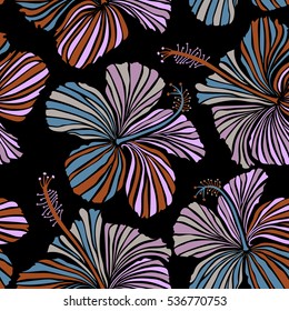 Hibiscus vector pattern on a black background. Seamless tropical flowers in neutral, gray and brown colors.