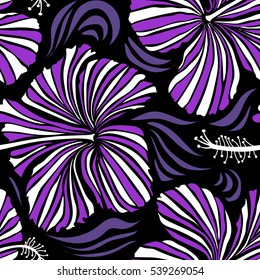 Hibiscus vector pattern on a black background. Seamless tropical flowers in white and violet colors.