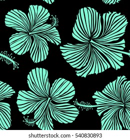 Hibiscus vector pattern on a black background. Seamless tropical flowers in blue colors.