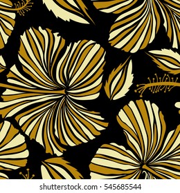 Hibiscus vector pattern on a black background. Seamless tropical flowers in yellow and beige colors.
