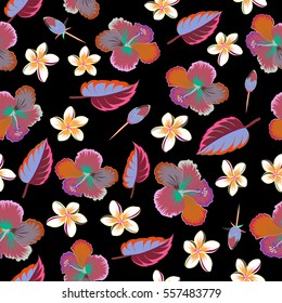 Hibiscus vector pattern on a black background. Seamless tropical flowers in pink, orange and blue colors.