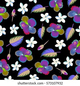 Hibiscus vector pattern on a black background. Seamless tropical flowers in blue and pink colors.