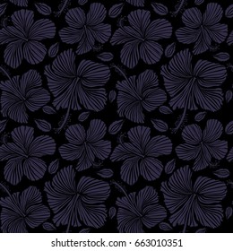 Hibiscus vector pattern on a black background. Seamless tropical flowers in violet colors.
