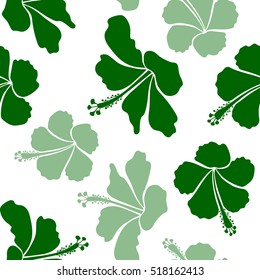Hibiscus vector pattern on a white background. Seamless tropical flowers in green colors.