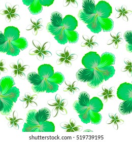 Hibiscus vector pattern on a white background. Seamless tropical flowers in blue, green and neutral colors.