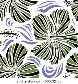 Hibiscus vector pattern on a white background. Seamless tropical flowers in black and green colors.