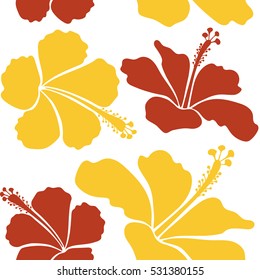 Hibiscus vector pattern on a white background. Seamless tropical flowers in yellow and orange colors.