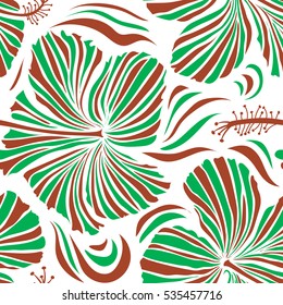 Hibiscus vector pattern on a white background. Tropical flowers in green and brown colors.