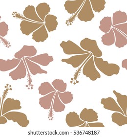Hibiscus vector pattern on a white background. Seamless tropical flowers in beige and neutral colors.