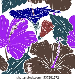 Hibiscus vector pattern on a white background. Seamless tropical flowers in violet, red and blue colors.
