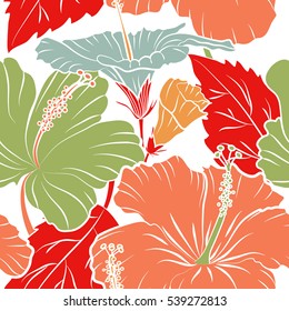 Hibiscus vector pattern on a white background. Seamless tropical flowers in red and orange colors.