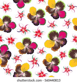 Hibiscus vector pattern on a white background. Seamless tropical flowers in beige and green colors.
