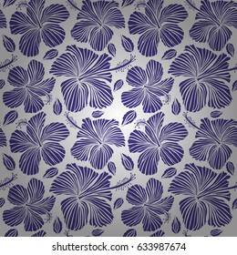 Hibiscus vector pattern on a white background. Seamless tropical flowers in violet colors.