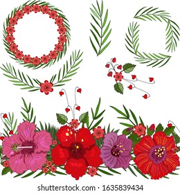 Hibiscus vector seamless brush. Round floral frame, floral elements. Exotic tropical plants, palm leaves, vector red hibiscus flowers, for design and creative ideas