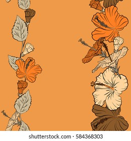 Hibiscus vector seamless pattern with copy space (place for your text). Seamless tropical flowers in orange, beige and brown colors.