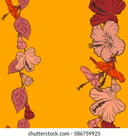 Hibiscus vector seamless pattern with copy space (place for your text). Seamless tropical flowers in pink, orange and yellow colors.