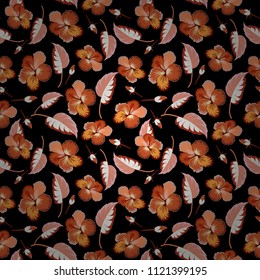 Hibiscus vector seamless pattern. Seamless tropical flowers in orange and black colors.