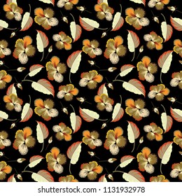 Hibiscus vector seamless pattern. Seamless tropical flowers in beige and black colors.