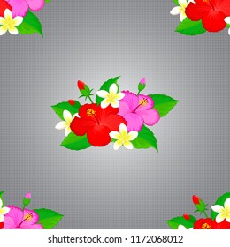 Hibiscus vector seamless pattern. Seamless tropical flowers in green, red and gray colors.