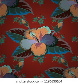 Hibiscus vector seamless pattern. Seamless tropical flowers in blue, red and brown colors.