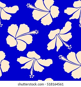 Hibiscus vector seamless pattern. Seamless tropical flowers in blue and beige colors.