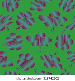 Hibiscus vector seamless pattern. Seamless tropical flowers in green, purple and blue colors.