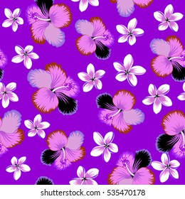 Hibiscus vector seamless pattern. Seamless tropical flowers in violet, black and brown colors.