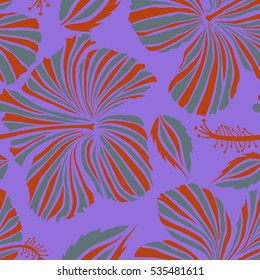 Hibiscus vector seamless pattern. Seamless tropical flowers in neutral, orange and violet colors.