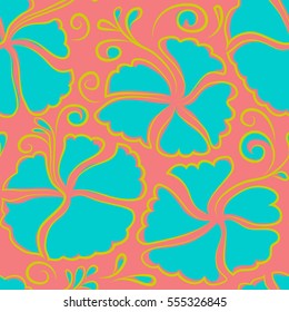 Hibiscus vector seamless pattern. Seamless tropical flowers in yellow, pink and blue colors.