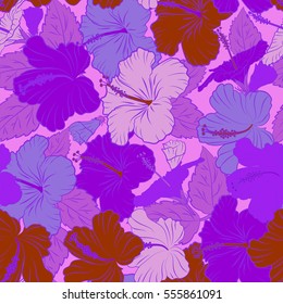 Hibiscus vector seamless pattern. Seamless tropical flowers in violet and pink colors.