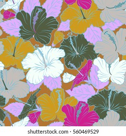 Hibiscus vector. Tropical flowers in magenta and yellow colors.