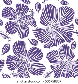 Hibiscus in violet colors on a white background. Aloha hawaiian shirt vector seamless pattern.