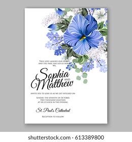 Hibiscus wedding invitation card printable template with greenery eucaliptus blue flower