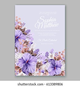 Hibiscus wedding invitation card printable template with greenery eucaliptus in violet 