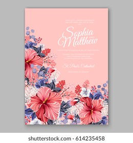 Hibiscus wedding invitation card printable template with greenery eucaliptus magenta flower