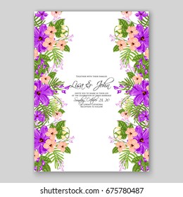 Hibiscus wedding invitation card printable template with greenery eucaliptus magenta flower
