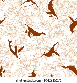 Hibiscus and whale pattern,
I drew Hibiscus and a whale for designing it,
This painting continues repeatedly,
