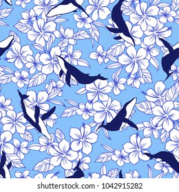 Hibiscus and whale pattern,
I drew Hibiscus and a whale for designing it,
This painting continues repeatedly,
