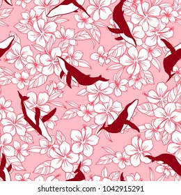 Hibiscus and whale pattern,
I drew Hibiscus and a whale for designing it,
This painting continues repeatedly,
